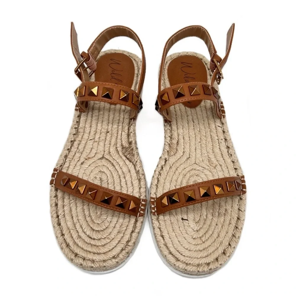 Wild Pair Espadrilles Yelenah Studded Strap Wedge Sandals Cognac Size 9